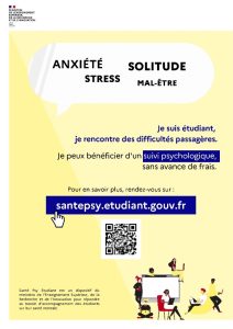 Je suis étudiant et je rencontre des difficultés passagères : anxiété, stress, solitude ou mal-être. Je peux bénéficier d'un rendez-vous psychologique sans avance de frais. Rendez-vous sur santapsy.etudiant.gouv.fr
